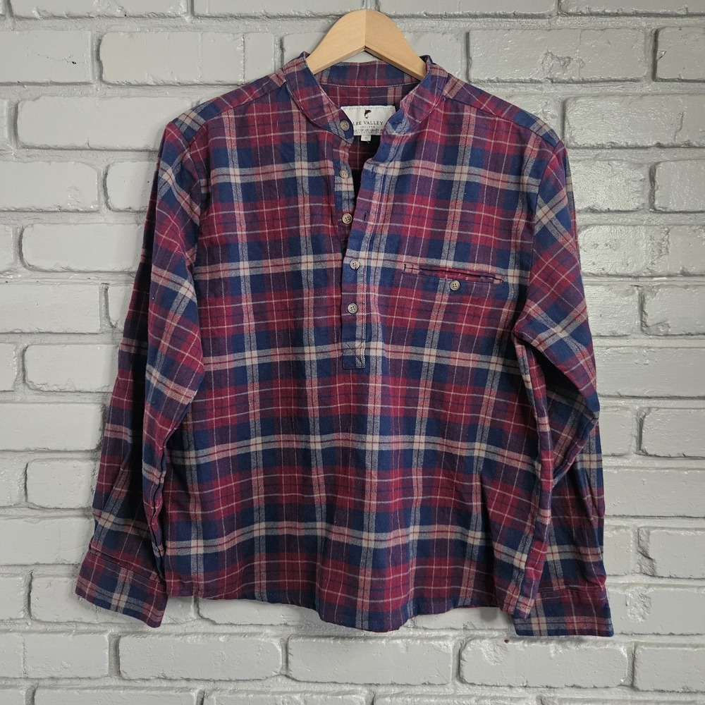 Lee Valley Ireland Mens Flannel Small Grandfather Shirt Plaid Red Blue
